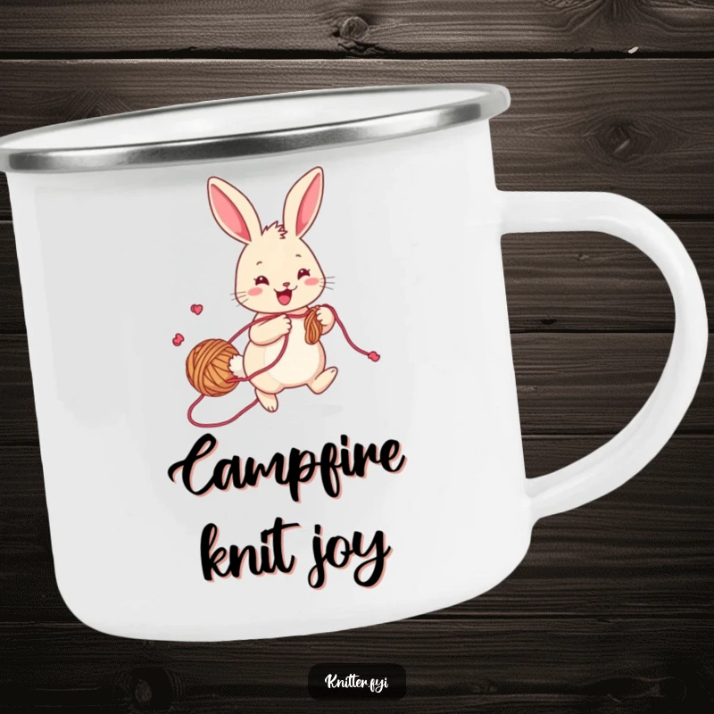 Funny rabbit camping mug, a cheerful bunny with yarn trailing, hopping playfully while knitting, durable and cheerful.