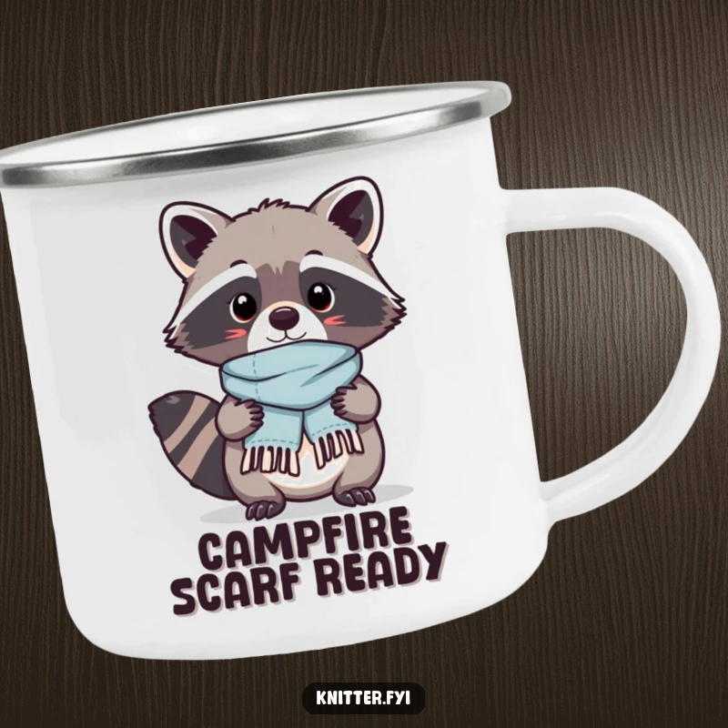 Funny Kawaii raccoon character in a camping setting, proudly displaying a tiny scarf it just finished, an adventurous and funny design.