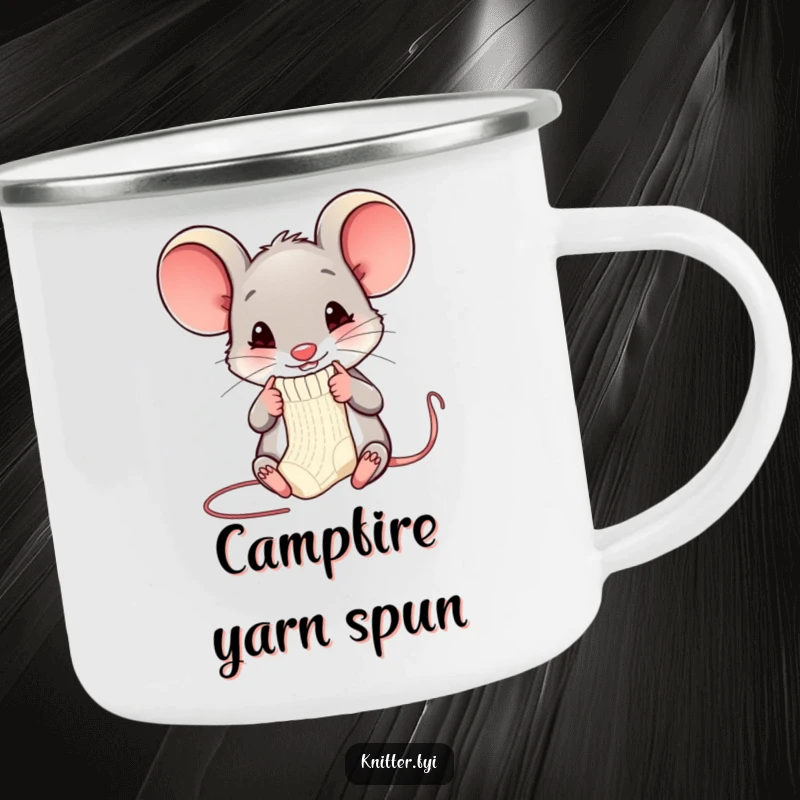 Funny mouse camping mug with a happy mouse knitting, a humorous companion for outdoor adventures.