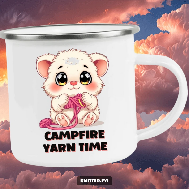 Funny Camping Mug: A fluffy creature with curious eyes weaves colorful yarn during an outdoor adventure.