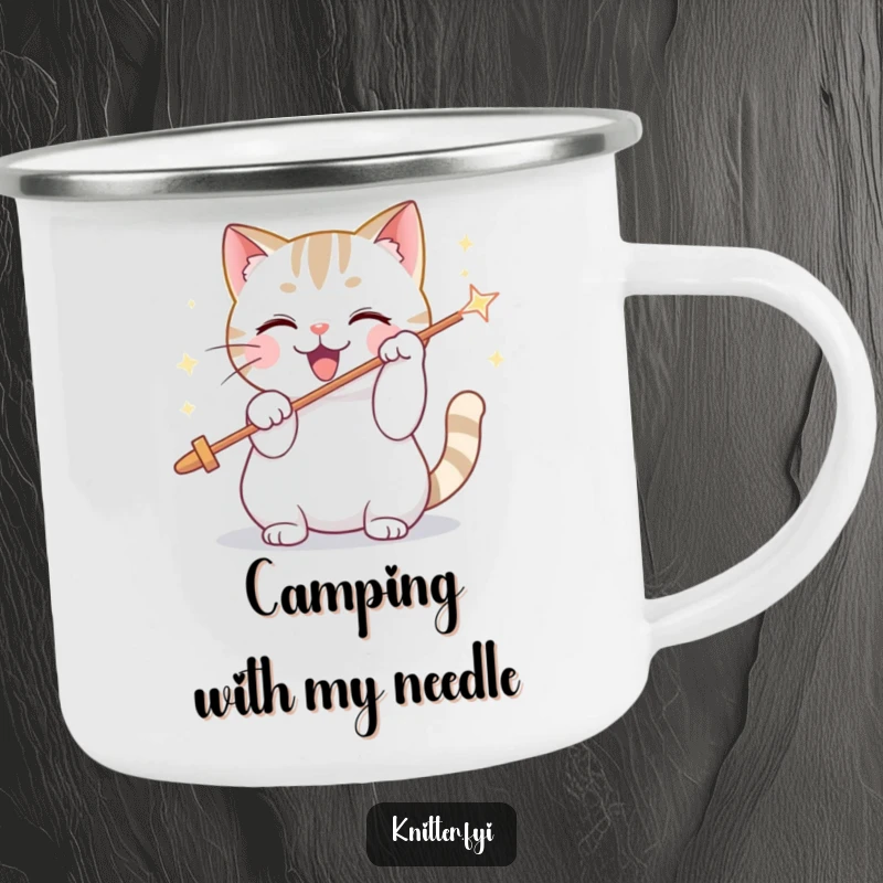 Funny camping mug with a playful cat character threading a giant, sparkling needle, perfect for outdoor cat enthusiasts.