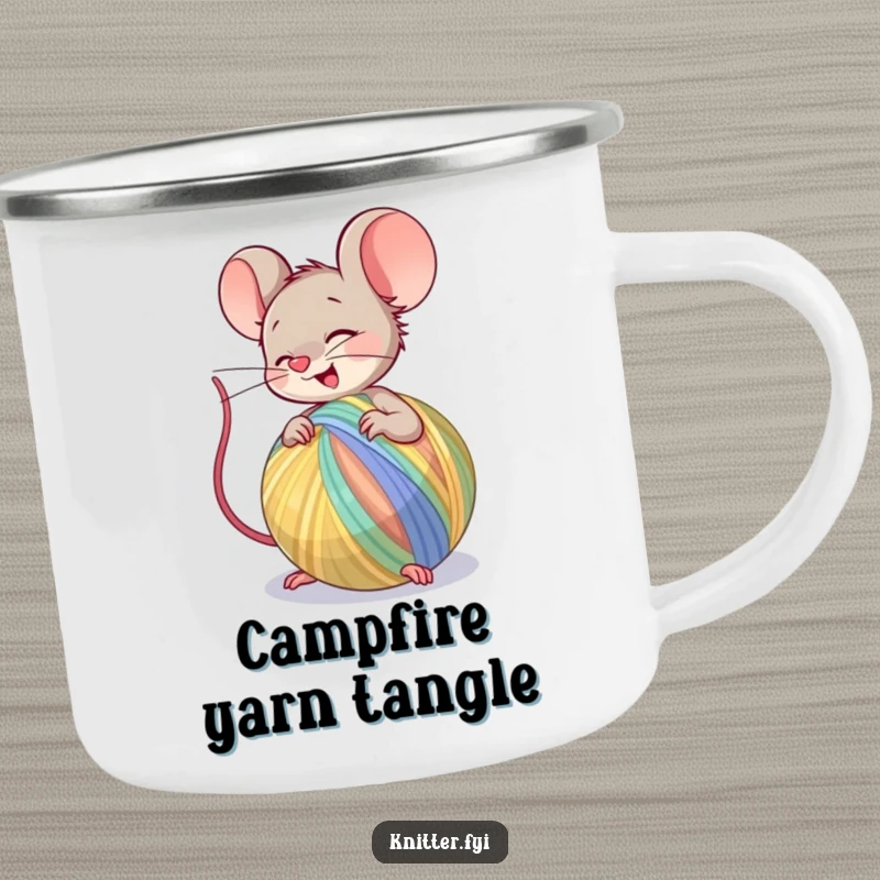 Funny Camping Mug featuring a mouse character spinning a large ball of colorful yarn, perfect for enjoying beverages outdoors.