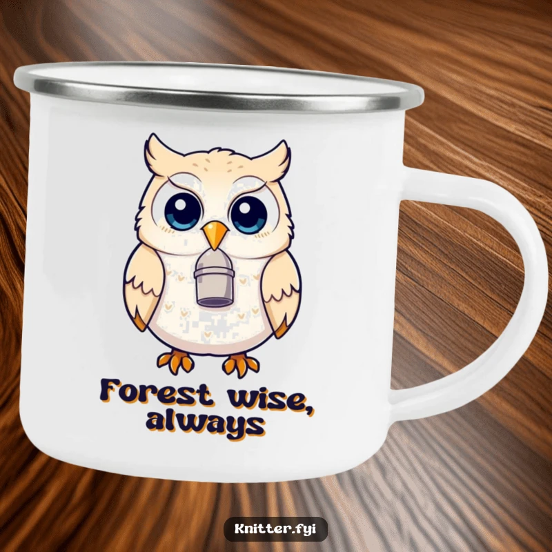 Funny owl camping mug with a thimble on its beak, looking cheerful, perfect for outdoor adventures and humorous moments.
