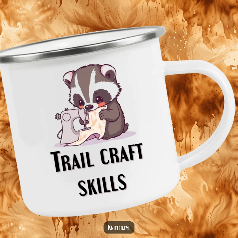 Funny camping mug with a curious badger engrossed in a complex sewing pattern. Durable and whimsical for outdoor adventures, a perfect funny gift.