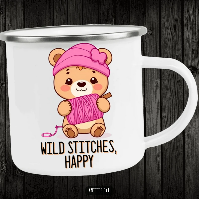 Funny bear cub camping mug holding a spool of vibrant pink yarn, smiling, perfect for outdoor adventures and crafting.