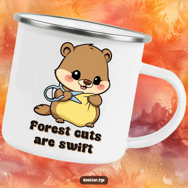 Funny beaver camping mug with a busy beaver cutting fabric, a humorous companion for outdoor adventures.