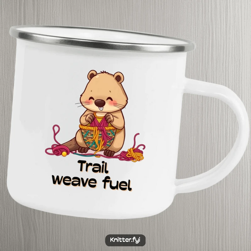 Funny beaver camping mug showing a beaver weaving a basket, designed for outdoor use with a touch of humor.
