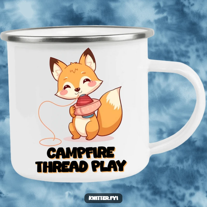 Funny fox camping mug character, playfully spinning thread, durable and humorous for outdoor fun.