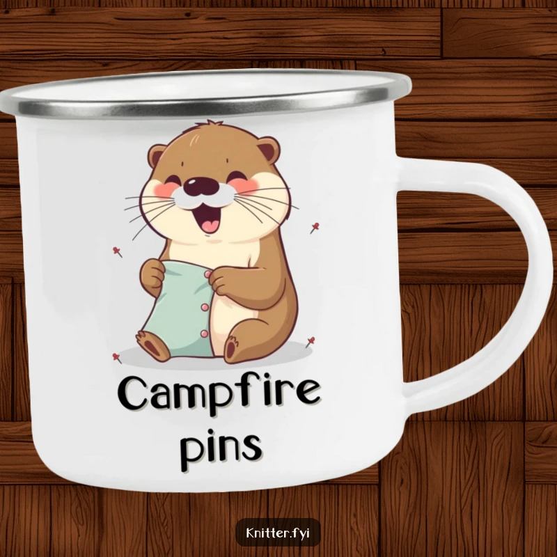Funny excited otter camping mug pinning fabric with tiny pins, a durable and humorous drinkware for craft lovers.