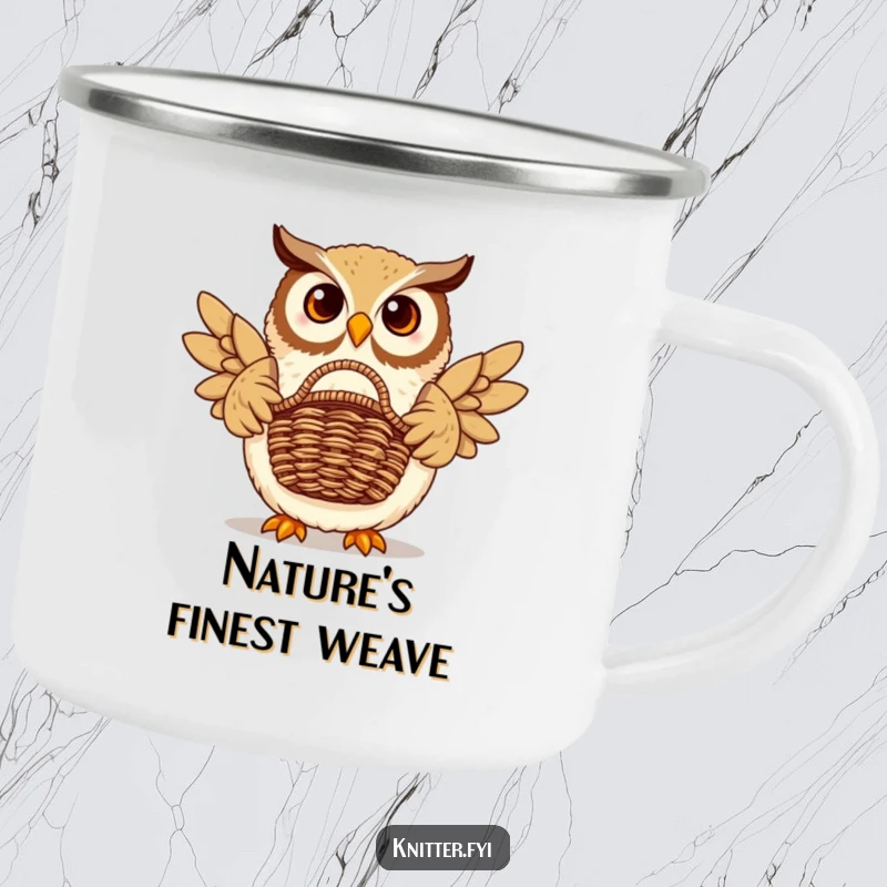 Funny owl camping mug showing a proud owl displaying a beautifully woven basket. Durable and humorous.