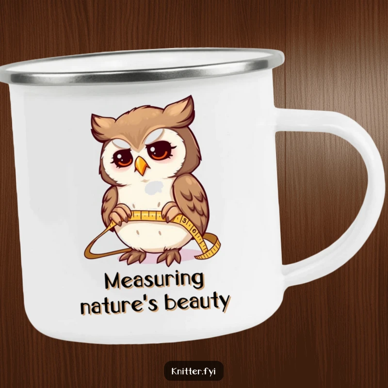 Funny camping mug with a determined owl character expertly measuring fabric with a tiny, shiny tape measure, perfect for precise crafters.
