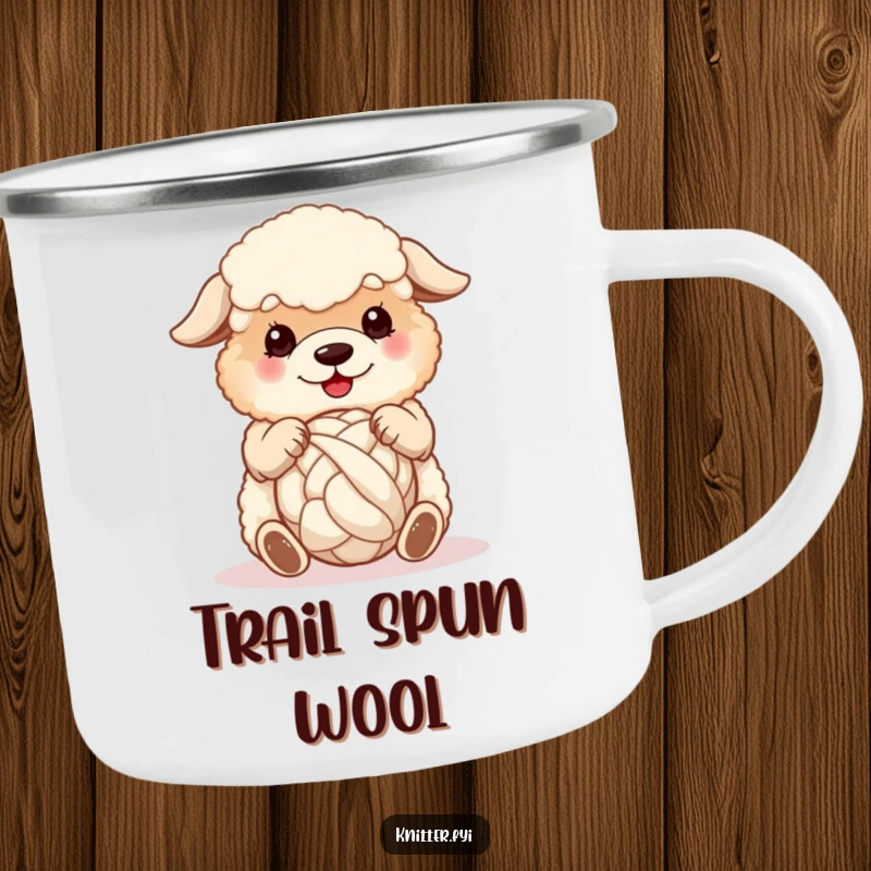 Funny sheepdog camping mug, a fluffy dog happily spinning a ball of wool with its paws, durable and cheerful.