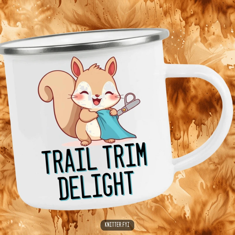 Funny squirrel camping mug character, excitedly cutting fabric, durable and humorous for outdoor crafting.