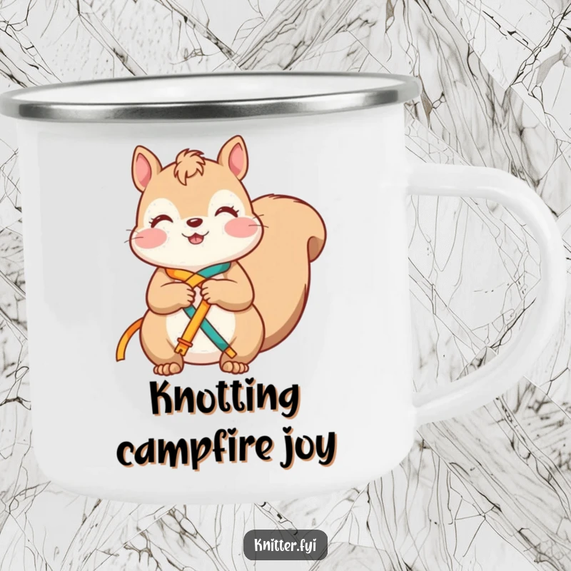 Funny squirrel camping mug featuring a contented character knotting ribbons, designed for outdoor fun with humor.