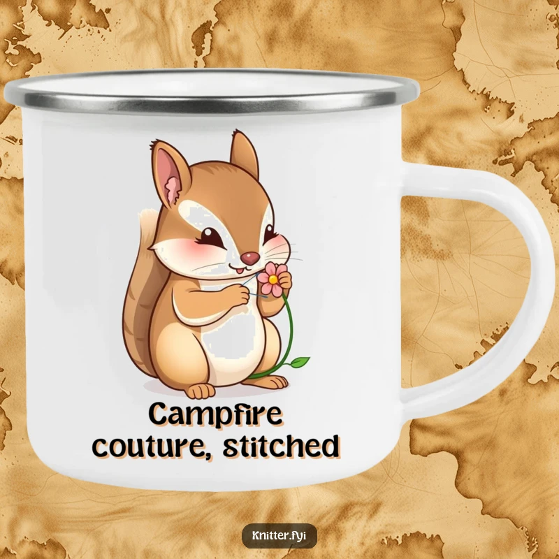 Funny camping mug with a determined squirrel sewing a small flower, ideal for outdoor enthusiasts.