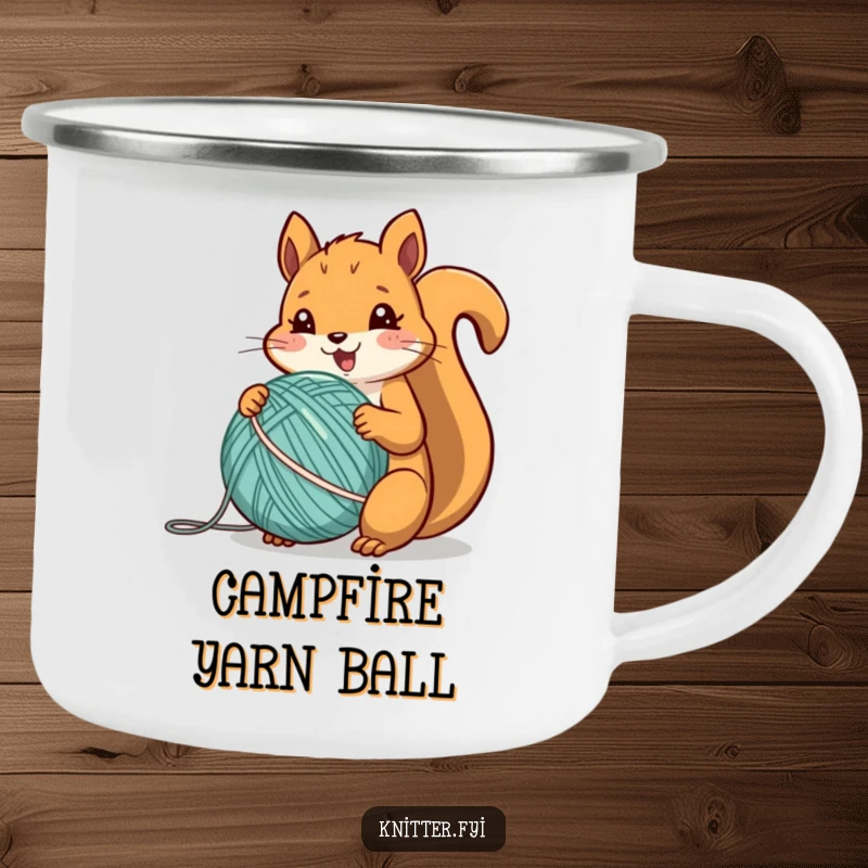 Funny squirrel camping mug with a cheerful animal energetically winding a ball of yarn, perfect for camp.