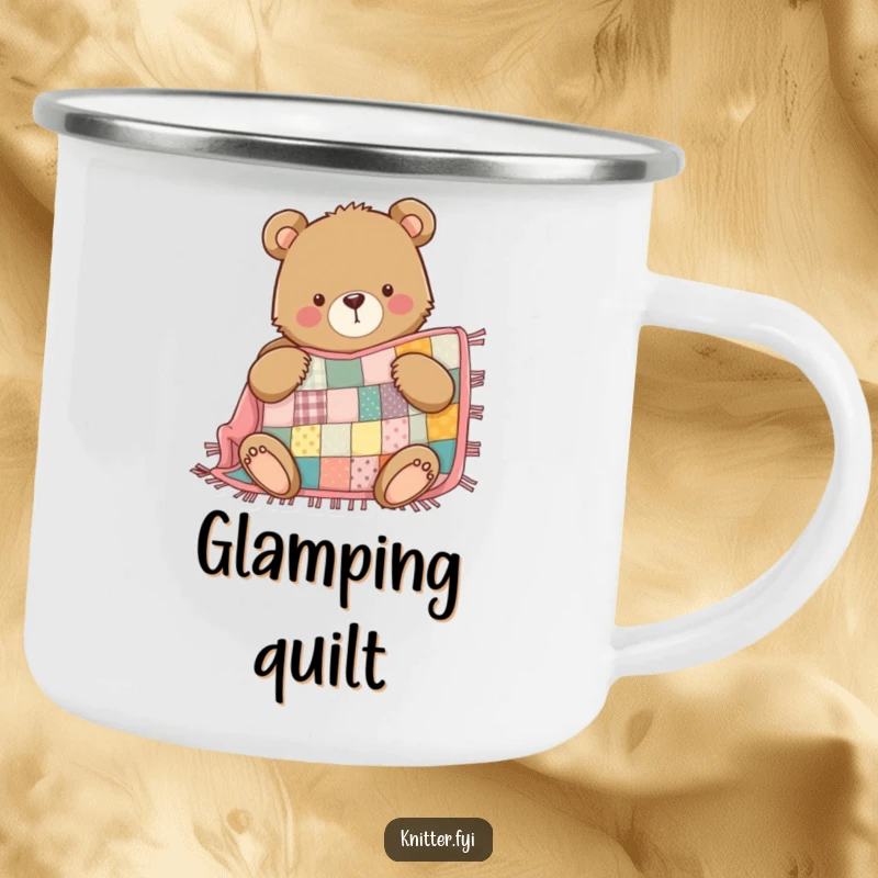 Funny Bear Camping Mug: A determined bear proudly sews a patchwork quilt, designed for outdoor crafting humor.