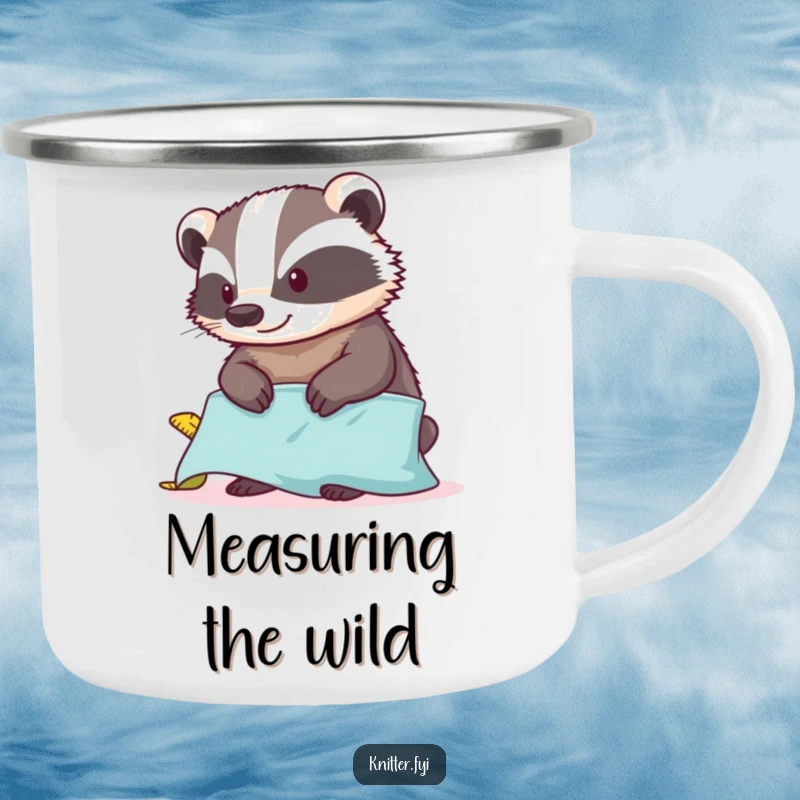 Funny badger camping mug with a tape measure, contentedly measuring fabric, perfect for outdoor adventures and crafting.