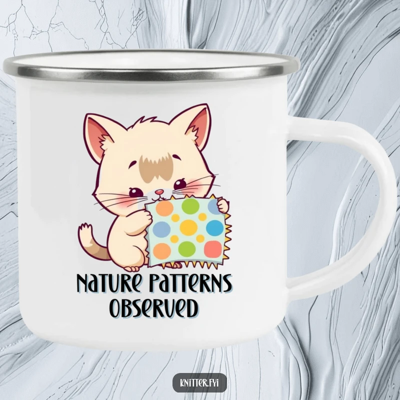 Funny camping mug: A curious creature with twitching whiskers examines a colorful swatch, perfect for thoughtful camp mornings.