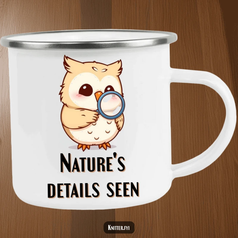 Funny owl camping mug with a magnifying glass inspecting a seam, ideal for humorous outdoor adventures.