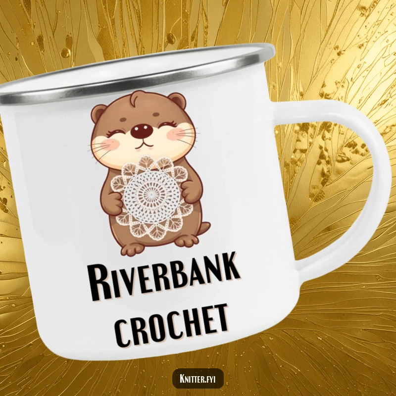 Funny otter camping mug with a proud otter displaying a crocheted doily, perfect for camp crafting.