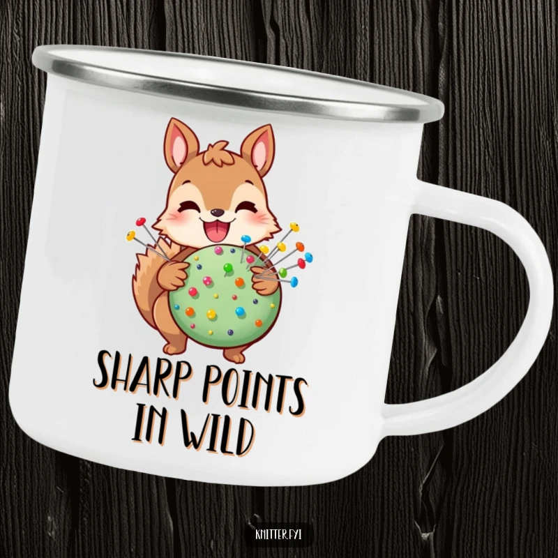 Funny squirrel camping mug with a joyful squirrel holding a pincushion and pins, a humorous companion for adventures.