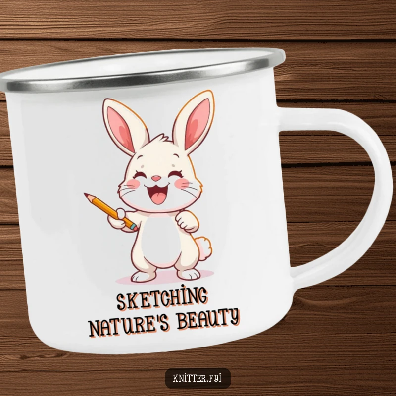 Funny bunny artist camping mug with a joyful rabbit casting a pattern onto fabric with a pencil, durable and charming.