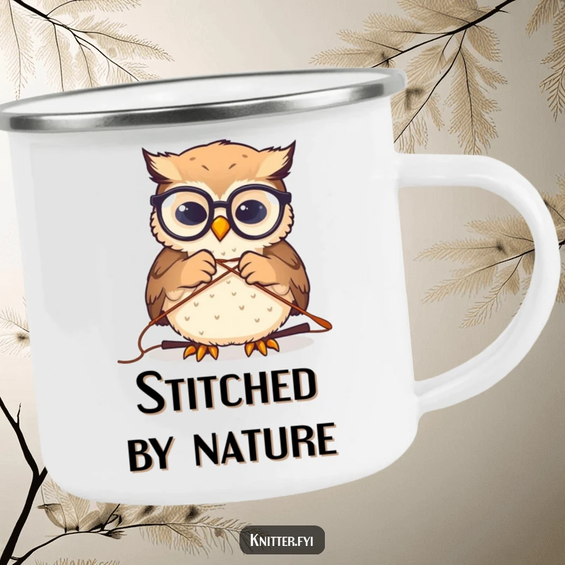 Funny camping mug with a tiny owl wearing glasses, humorously threading a large sewing needle, ready for outdoor adventures.
