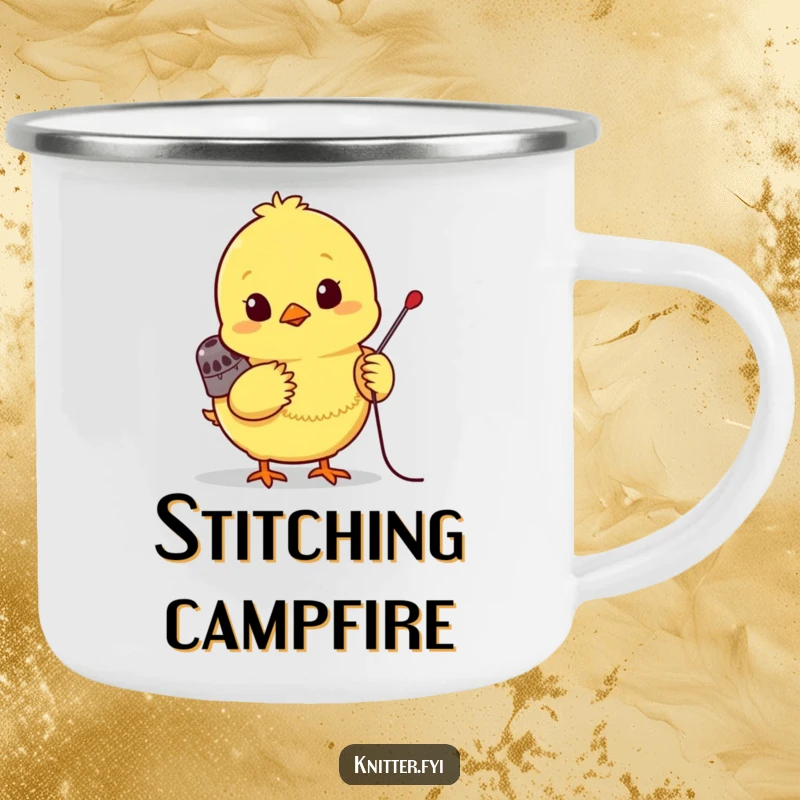Funny chick camping mug, a bright yellow chick wearing a tiny thimble, eagerly pushing a needle, durable and cheerful.