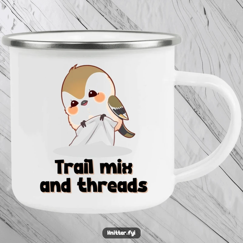 Funny camping mug showing a gleeful chickadee bird humorously pecking at fabric, ideal for outdoor enthusiasts.
