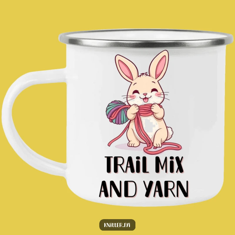 Funny Rabbit Camping Mug: Enamel Cup with Happy Hare Unraveling Yarn, Outdoor Gift