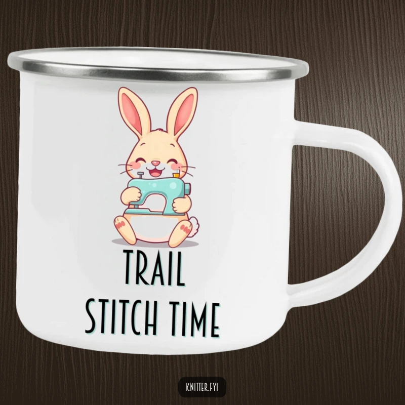 Funny rabbit sewing camping mug, showing a rabbit stitching a button with a mini sewing machine in a natural setting, durable and amusing.