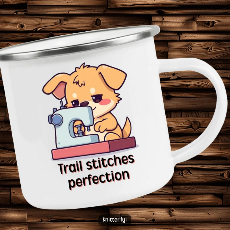 Funny Dog Camping Mug showing a determined dog character using a sewing machine with great focus, great for outdoors.