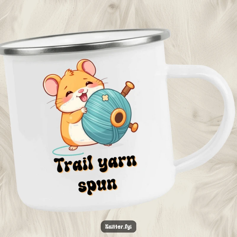 Funny Kawaii hamster camping mug, spinning a large bobbin of thread, durable and humorous for any adventure.