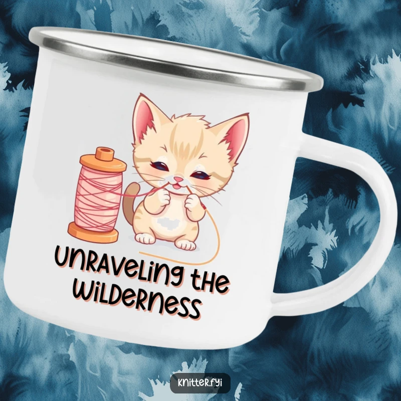 Funny kitten camping mug with a curious cat pulling loose thread from a large spool, durable and cute for outdoors.