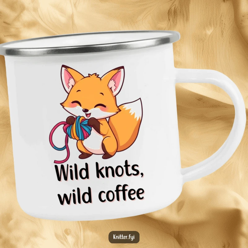Funny camping mug featuring a mischievous fox character playfully tangling colorful yarn into a knot, perfect for outdoor craft enthusiasts.