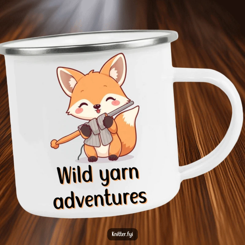 Funny fox camping mug showing a playful fox holding oversized knitting needles, designed for adventurous crafters who like big tools.