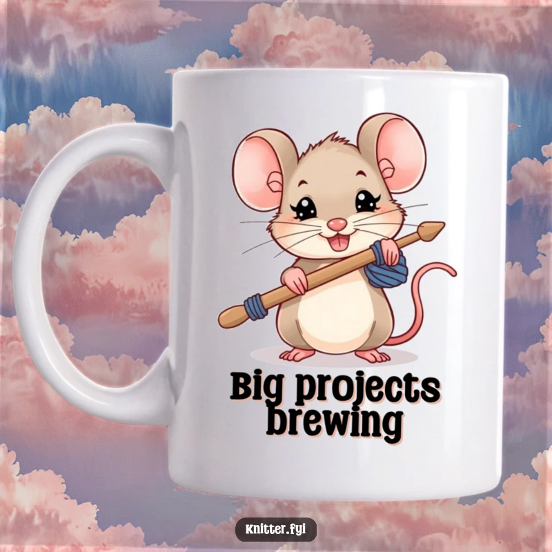 Funny mouse mug, a small mouse holding oversized knitting needles with a determined grin, tackling big projects.