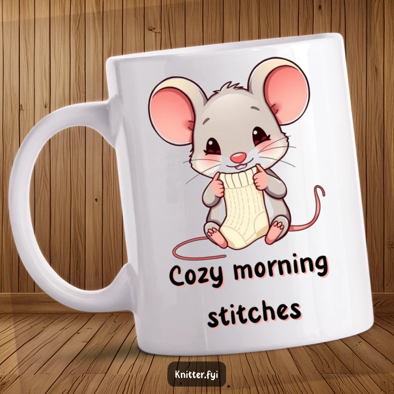 Funny mouse mug showing a happy mouse knitting a miniature sock with tiny needles, a humorous gift for knitters.