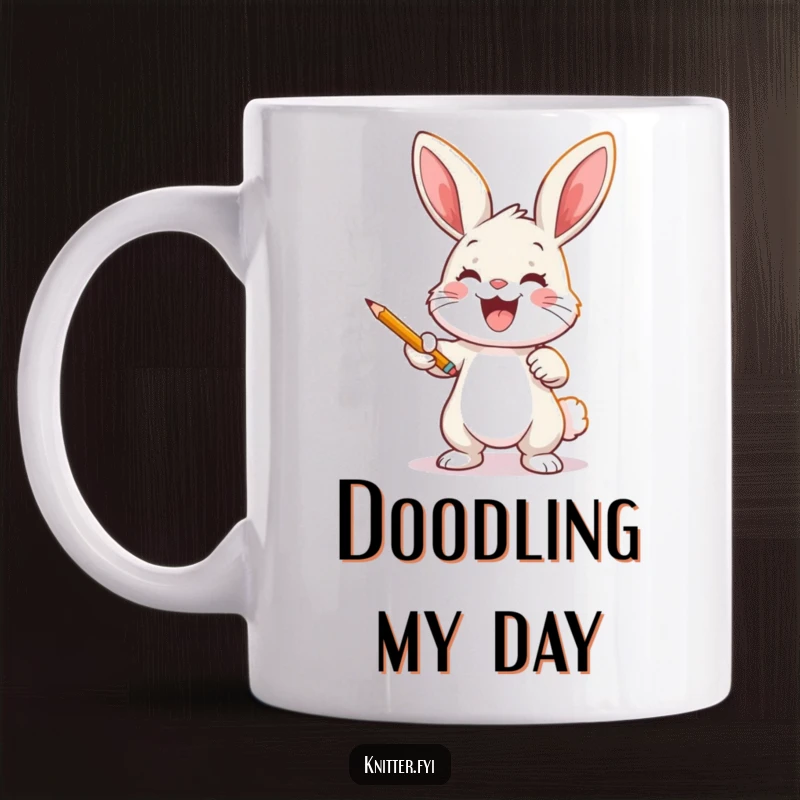 Funny bunny artist mug showing a joyful rabbit meticulously casting a pattern onto fabric using a pencil, celebrating creativity.