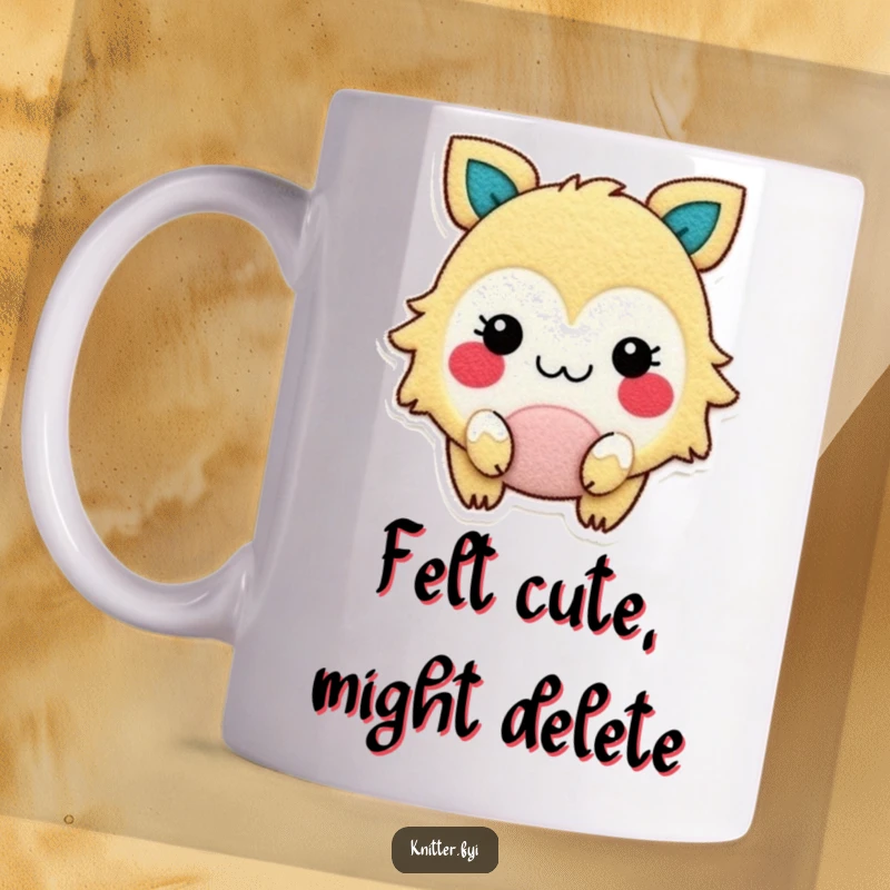 Funny mug featuring a gleeful cartoon creature with rosy cheeks, joyfully cutting felt for a craft project.