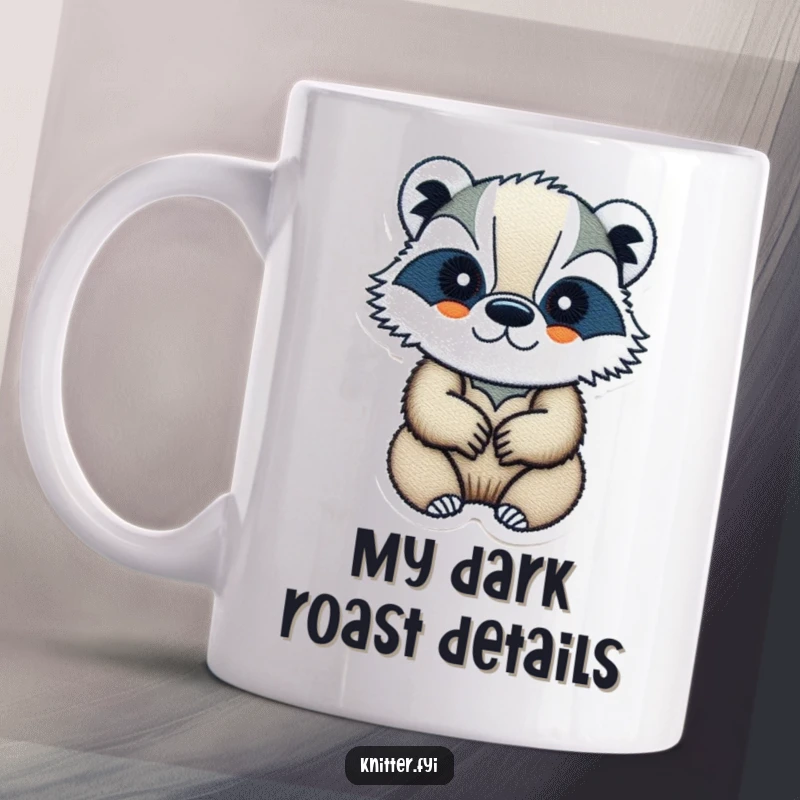 Funny badger mug showing a determined badger meticulously embroidering a small, intricate design, a humorous gift for stitchers.