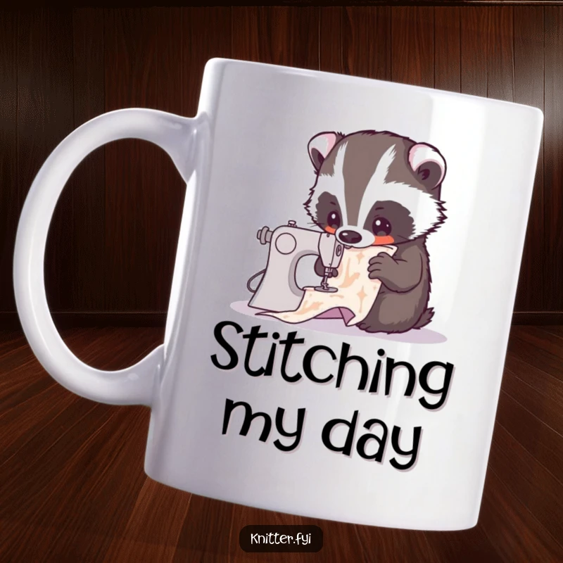 Funny mug showing a curious badger intently examining a detailed sewing pattern. A whimsical and humorous design for crafters, perfect funny gift.