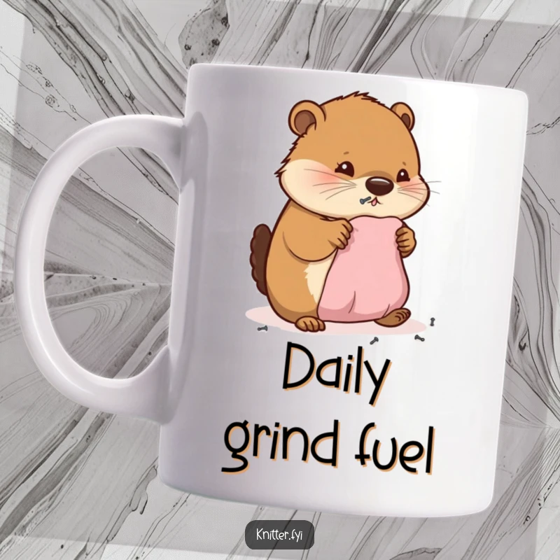 Funny mug showing a busy beaver cheerfully hammering tiny nails into a small piece of fabric, a humorous take on DIY.