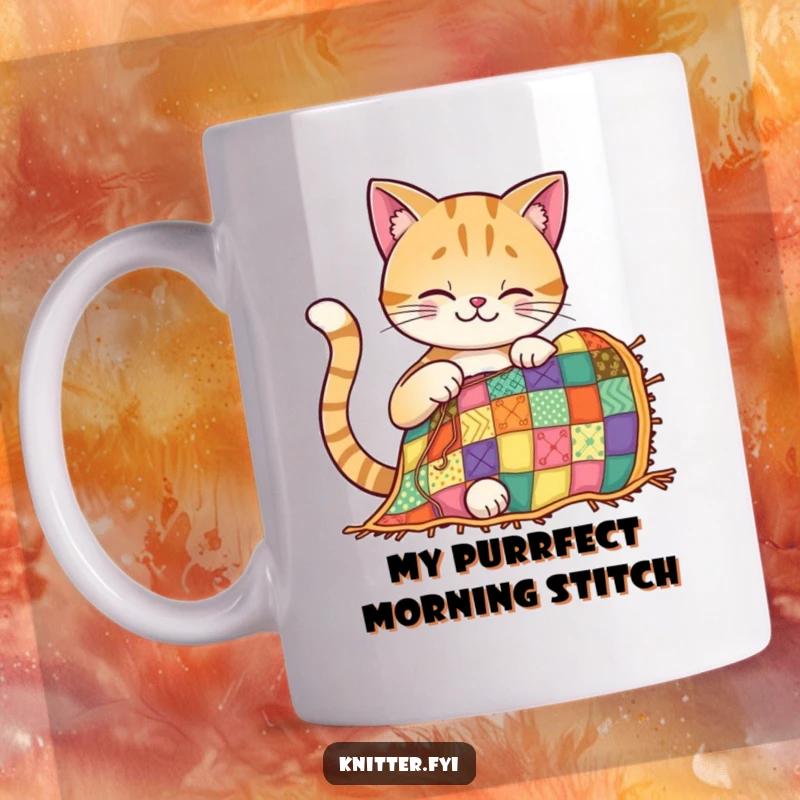 Funny cat mug showing a smiling feline artist sewing a colorful quilt with intense focus and artistic flair.