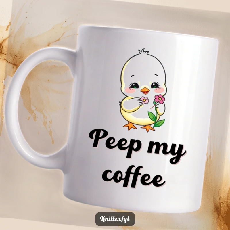 Funny Mug featuring a sweet chick carefully embroidering a tiny, smiling flower, radiating warmth and handmade charm.