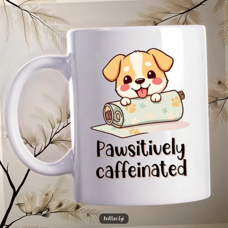 Funny Mug featuring a happy dog joyfully unrolling a roll of patterned fabric, showcasing playful creativity.