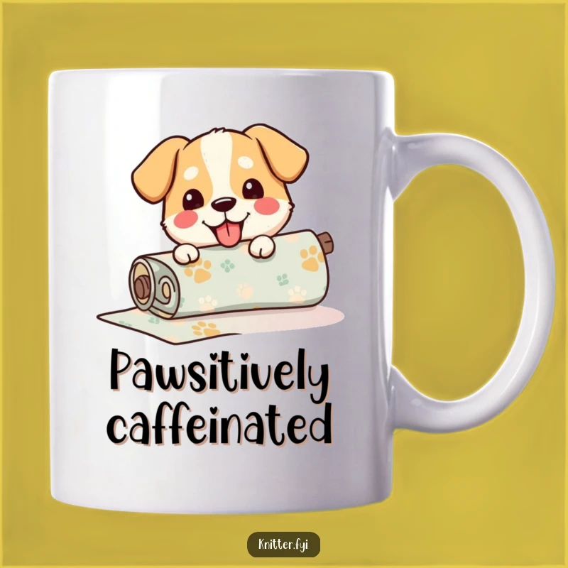 Funny Dog Fabric Mug: Happy Pup Unrolling Patterned Material, Perfect Funny Gift
