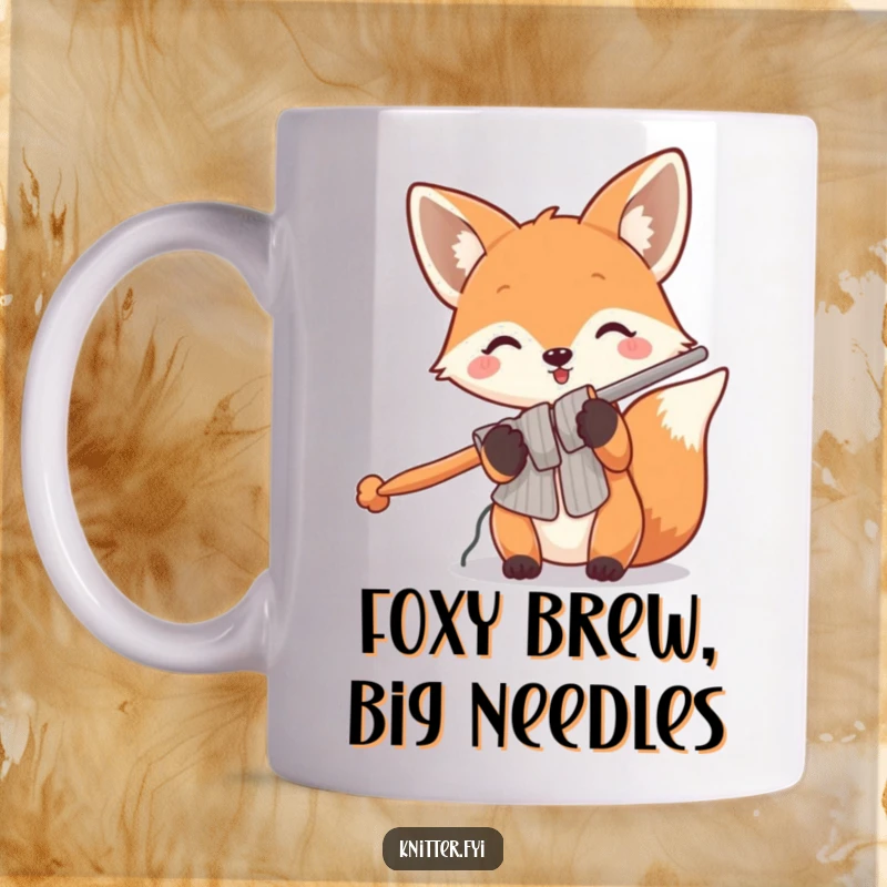 Funny fox mug showing a playful fox holding comically oversized knitting needles, ready to tackle a large project.