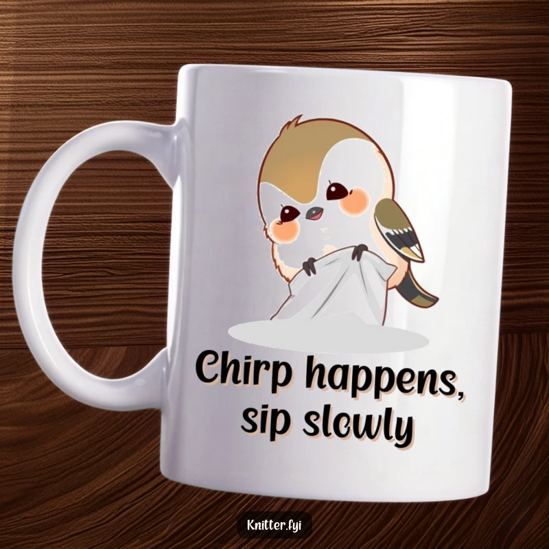 Funny mug featuring a giggling chickadee bird enthusiastically pecking at a colorful piece of fabric, radiating pure joy.